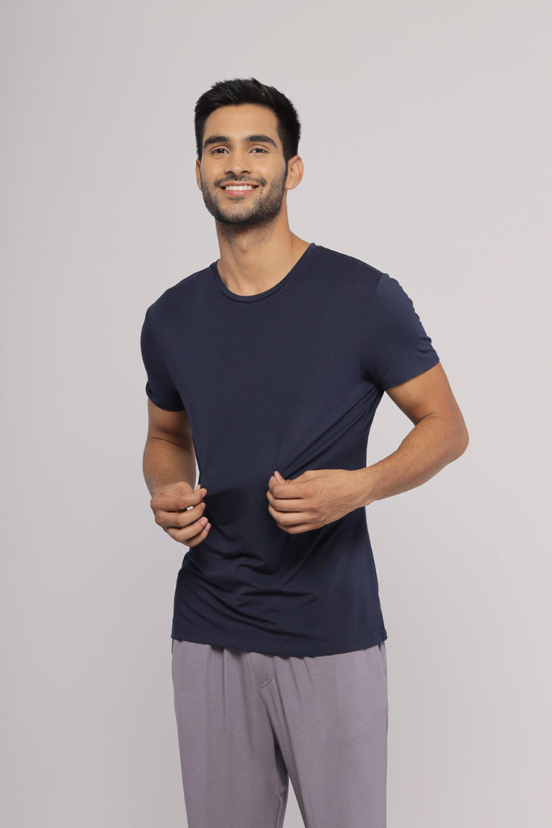 Deep Blue Men's Lounge T-shirt modeled by smiling man.