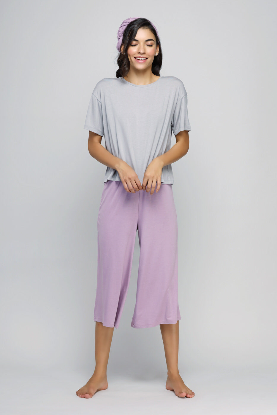 Lavender culottes set featuring comfortable top and stylish pants.