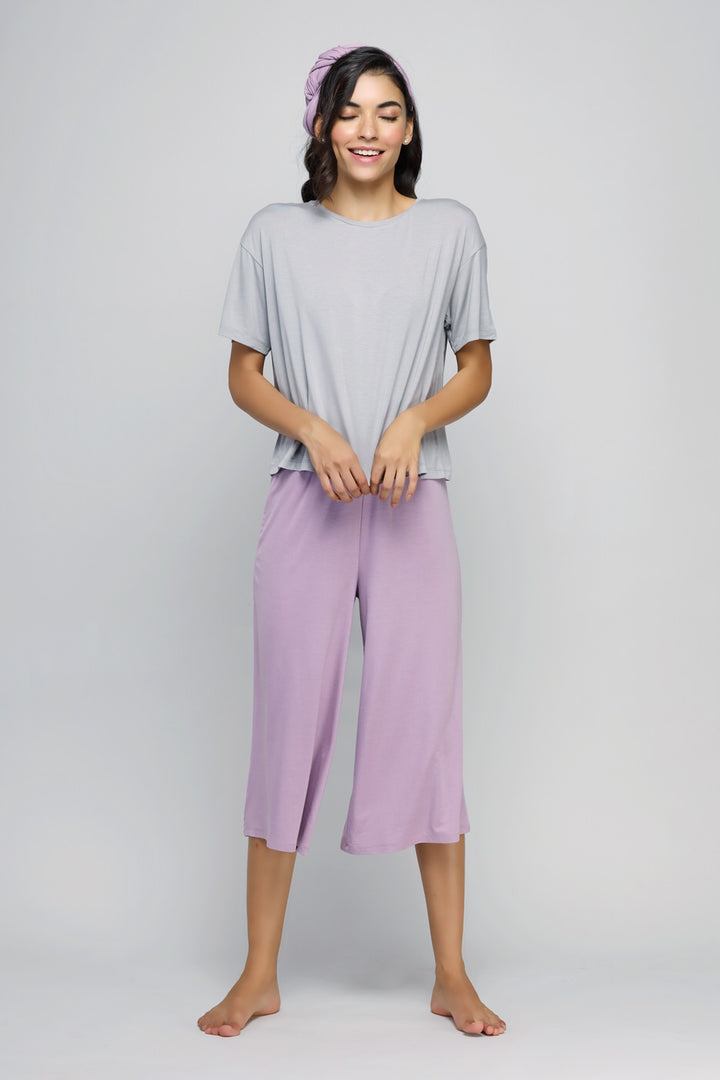 Lavender culottes set featuring comfortable top and stylish pants.