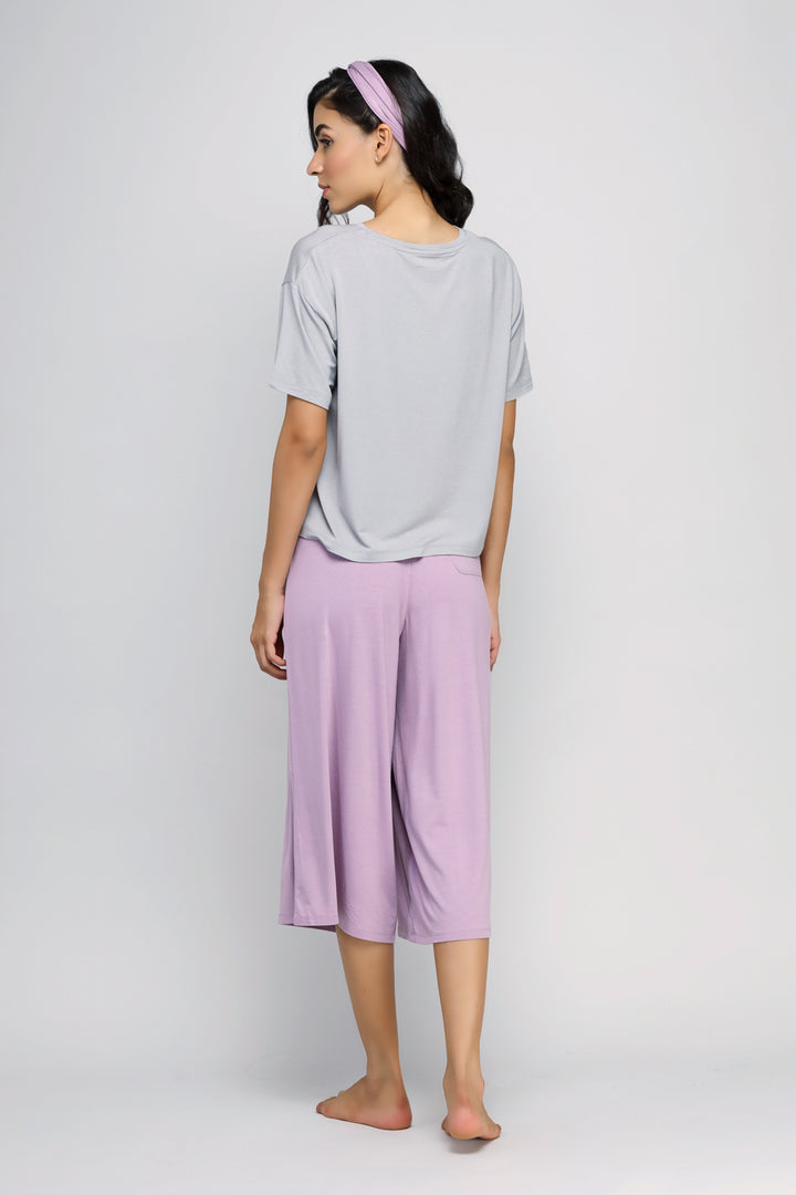 Lavender culottes set featuring a comfortable t-shirt and relaxed fitting pants.