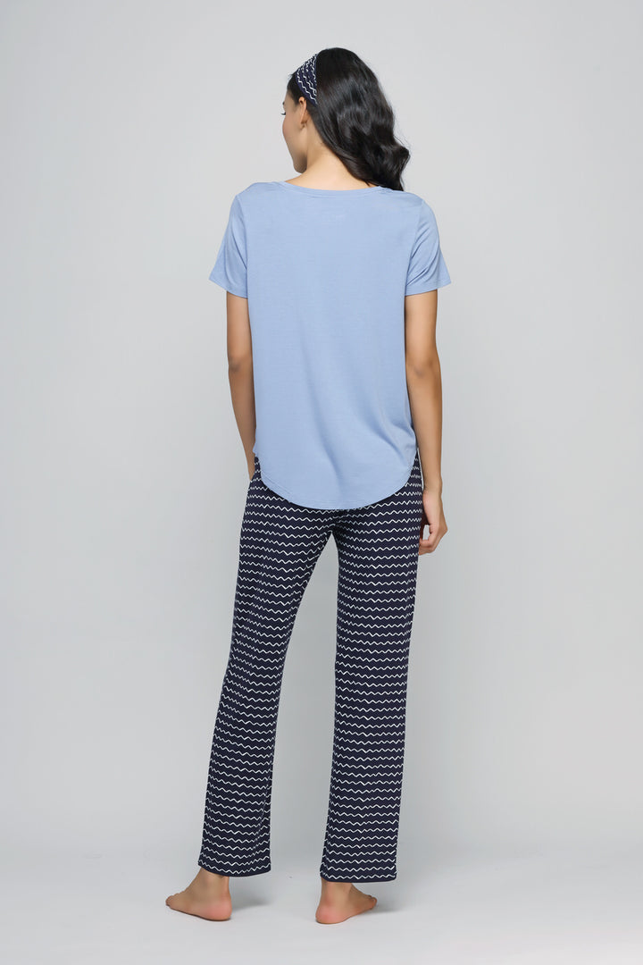 Calming Blue Pajama Set with stylish patterned pants and comfortable shirt.