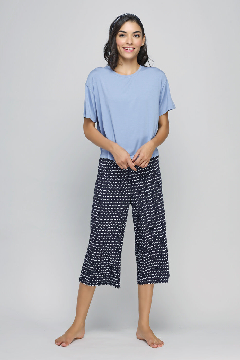 "Dancing Frenzy Culotte Set featuring casual top and patterned culottes."