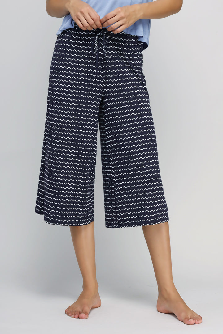 Stylish Dancing Frenzy Culotte Set with chic navy zigzag pattern.