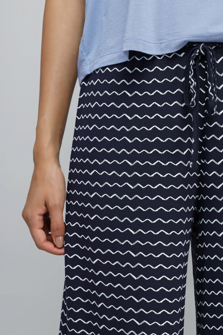 Dancing Frenzy Culotte Set in navy with zigzag pattern.