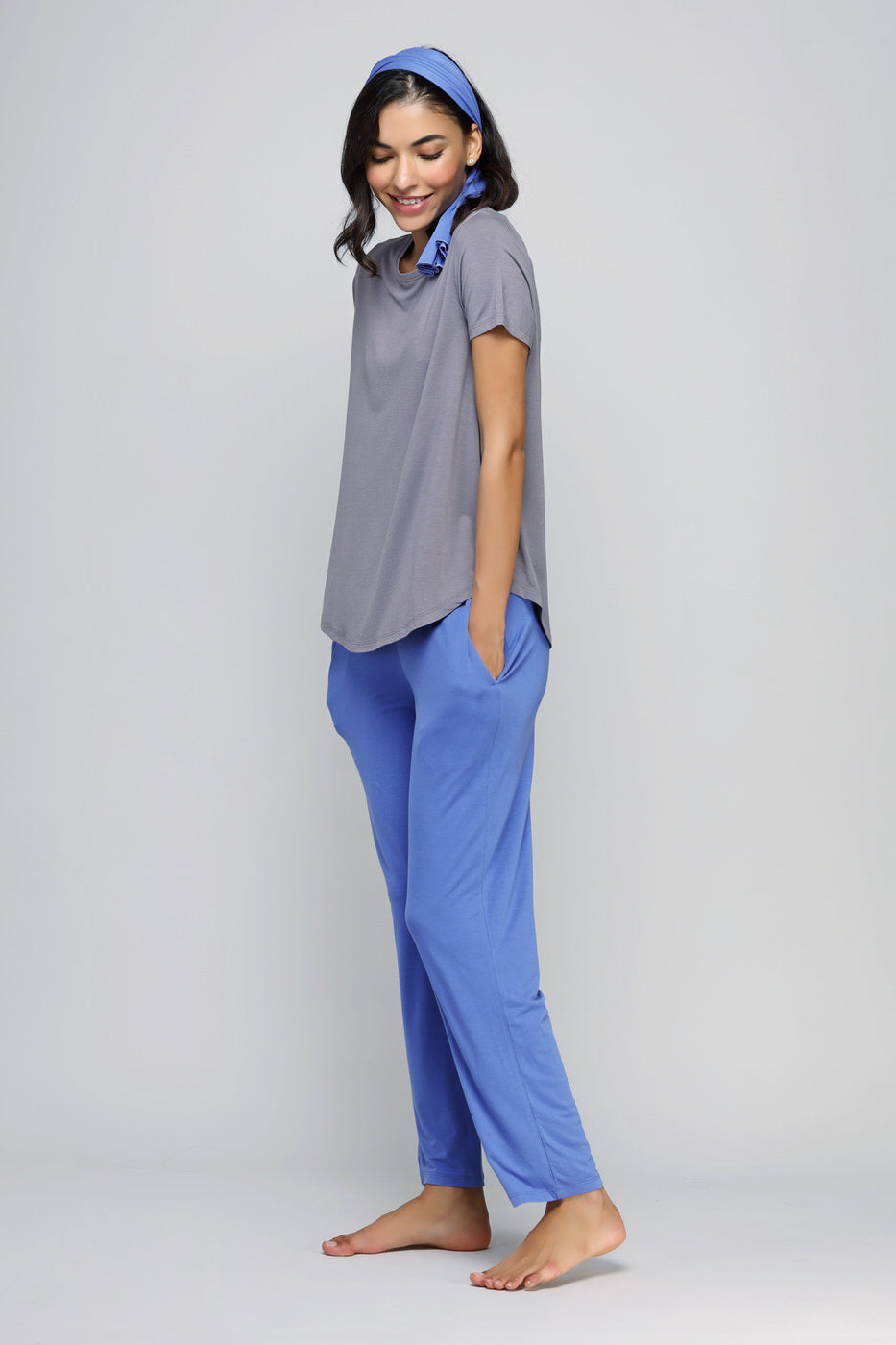 Relaxed blue straight lounge set with stylish gray top and comfortable bottoms.