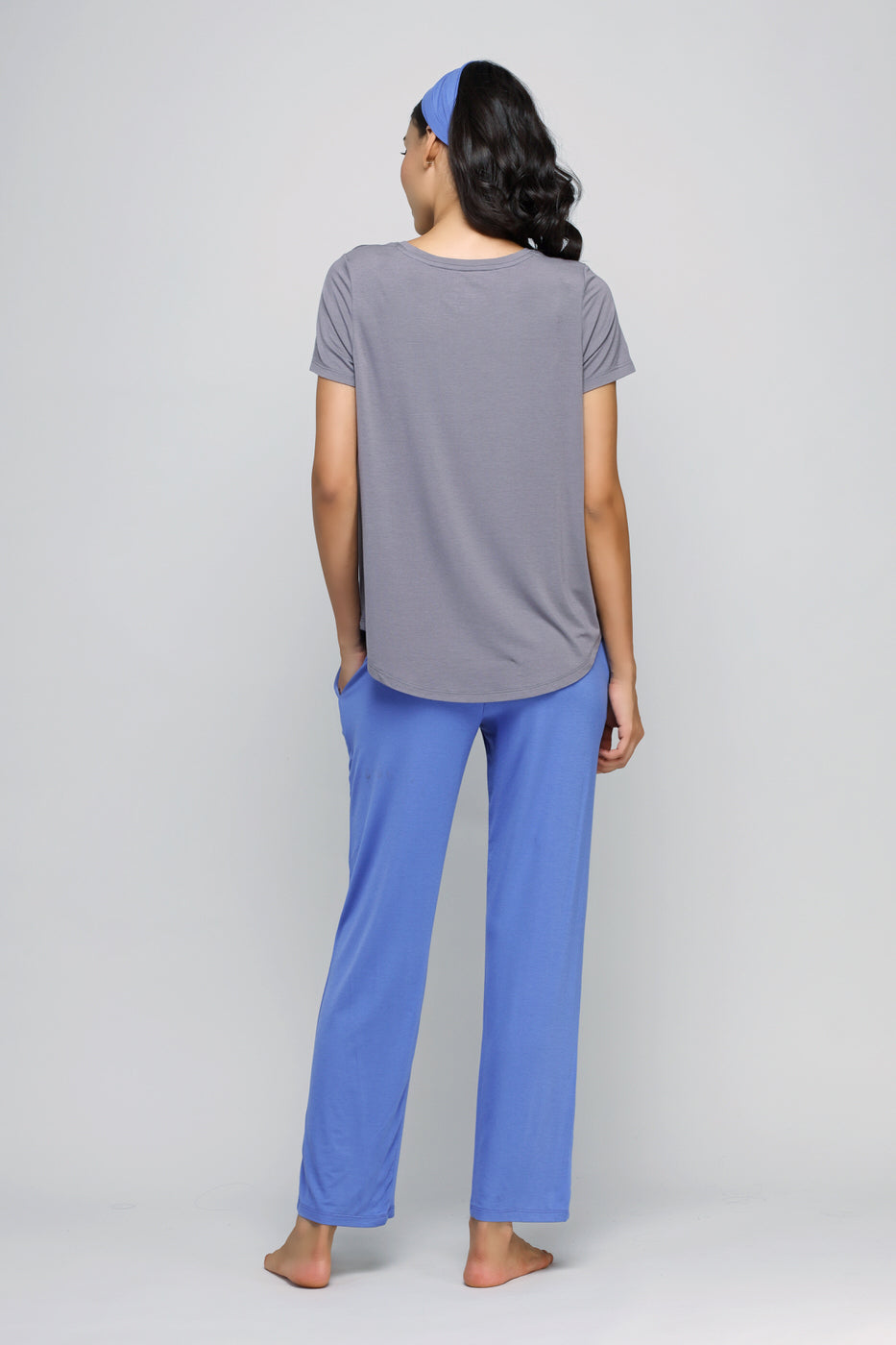 Relaxed blue straight lounge set, comfortable back view, casual homewear.