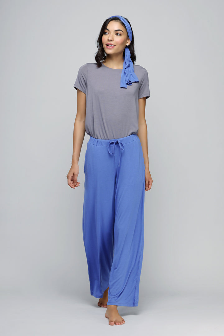 Relaxed blue flared lounge set for comfortable everyday wear.