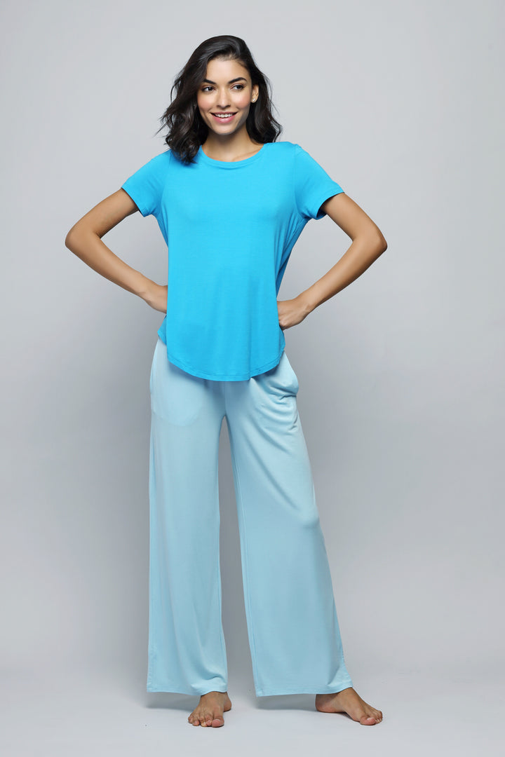 Breezy blue flared lounge set for comfortable casual wear.