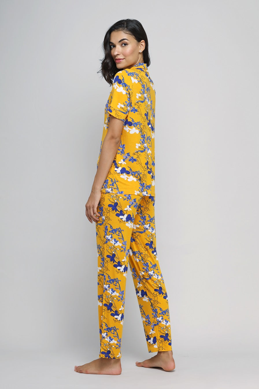 Floral Love Button Down Pajama Set in vibrant yellow, perfect for cozy nights.