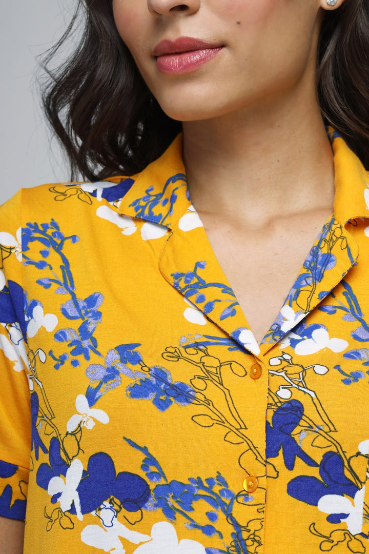 Floral Love Button Down Pajama Set in vibrant yellow and blue design.