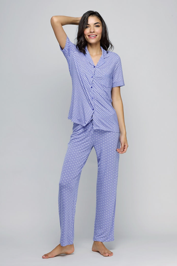 Floral mosaic button-down pajama set for women, stylish and comfortable.