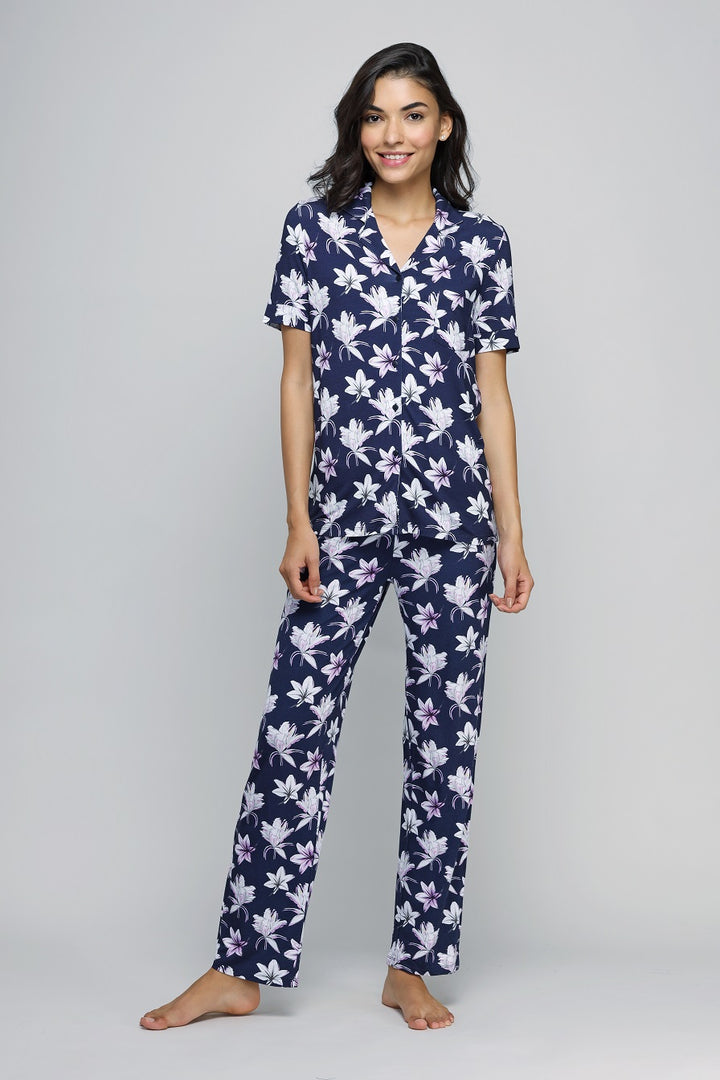 Happy Blossoms Button Down Pajama Set with floral design and relaxed fit.