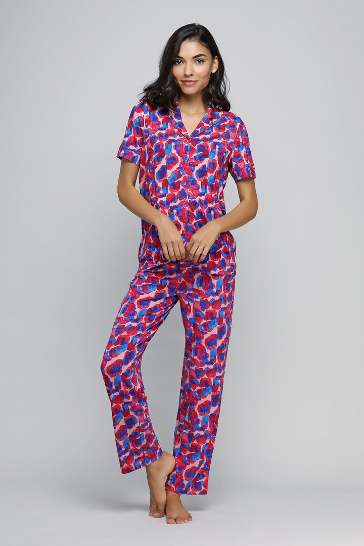 Artsy watercolor button down pajama set for stylish comfort.