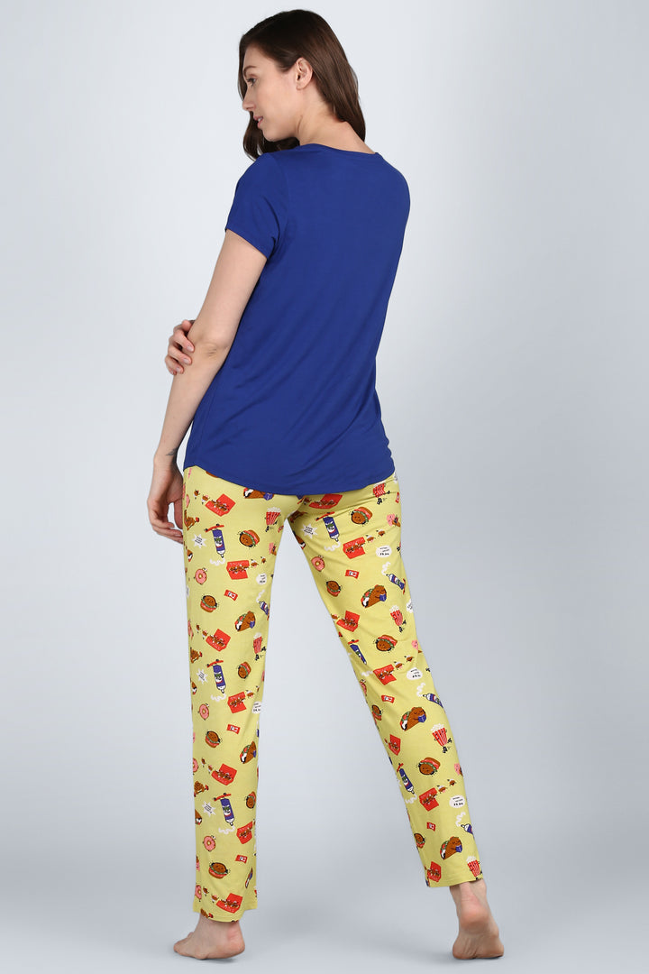 Snuggle Blue Pajama Set with colorful patterned pants and blue top.