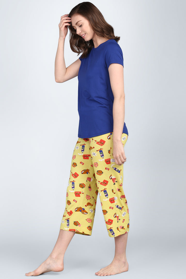 Snuggle Blue Capri Set with vibrant blue top and playful yellow pants.