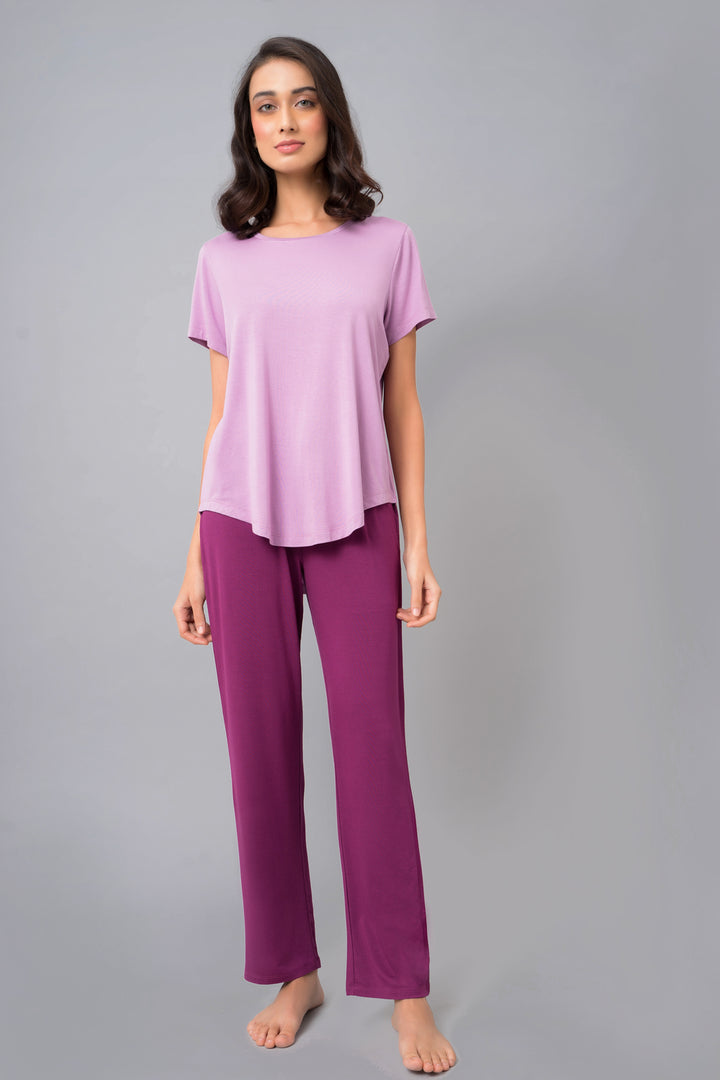 Wineberry Straight Lounge Set featuring a purple top and matching pants.