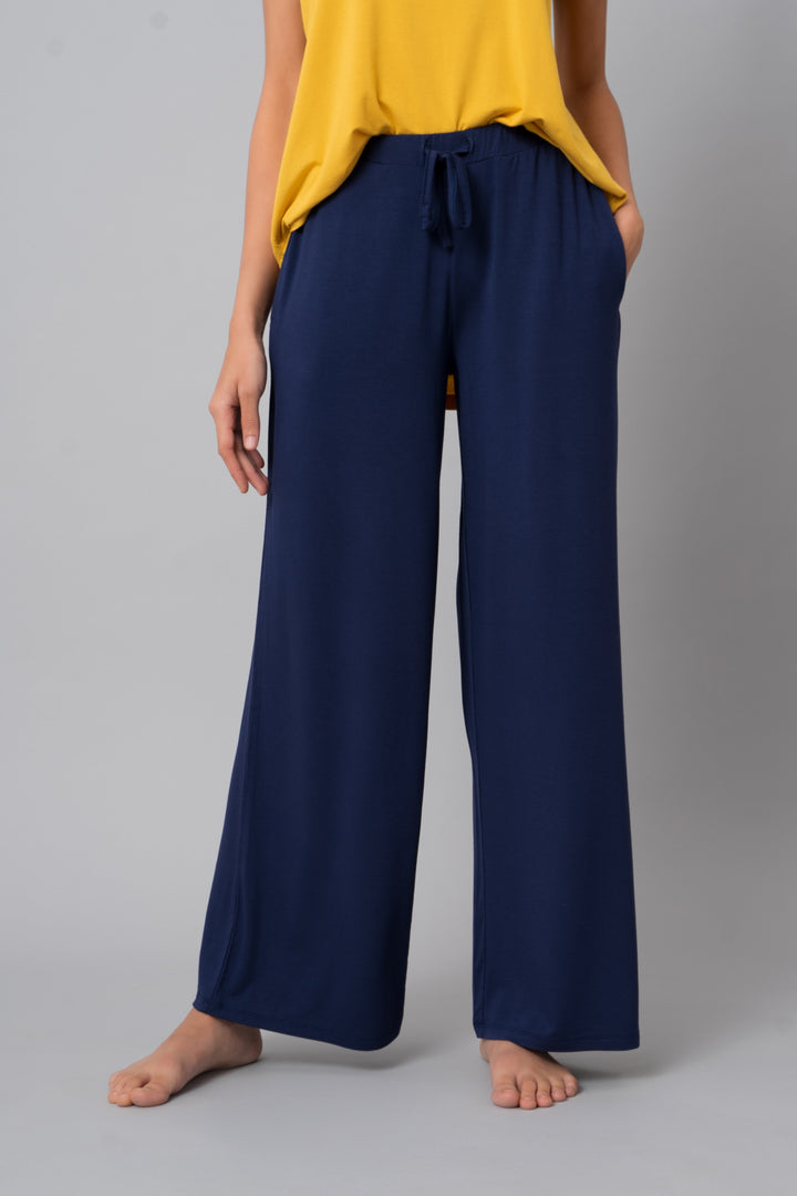 Indigo flared lounge set featuring comfortable wide-leg pants.