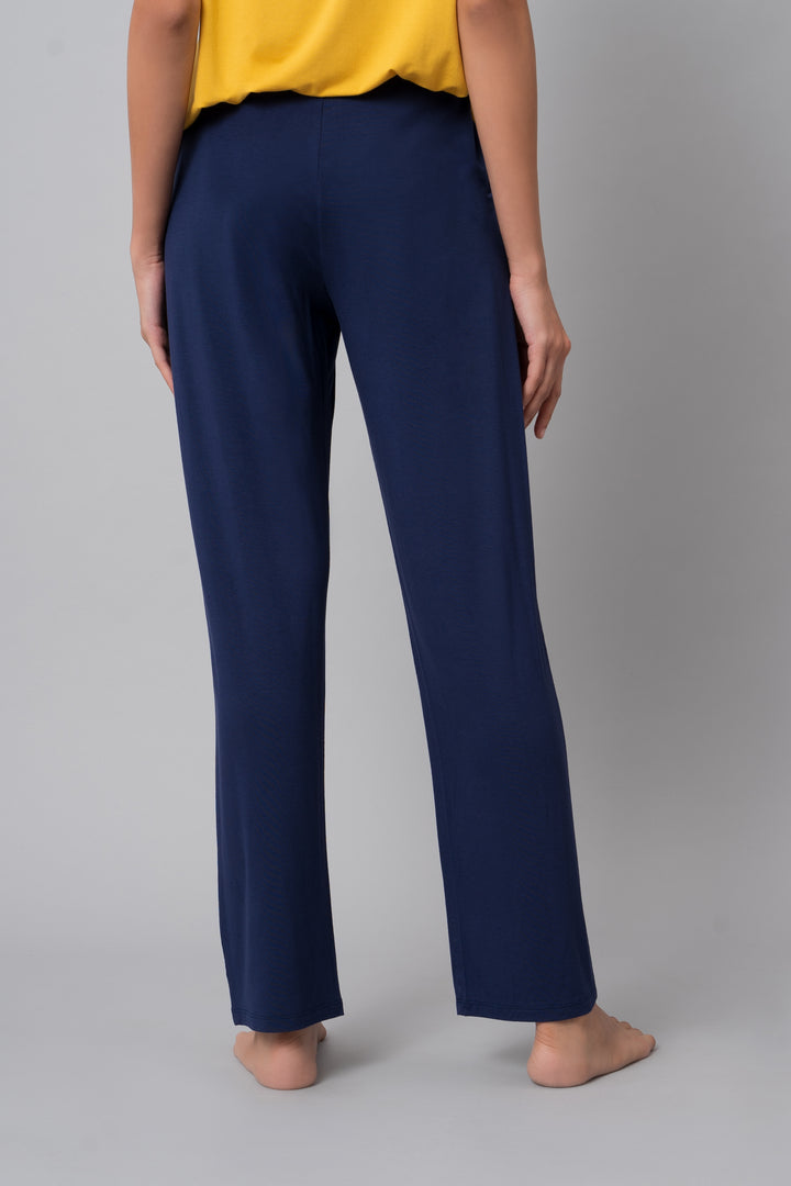 Back view of indigo straight lounge set pants for women.