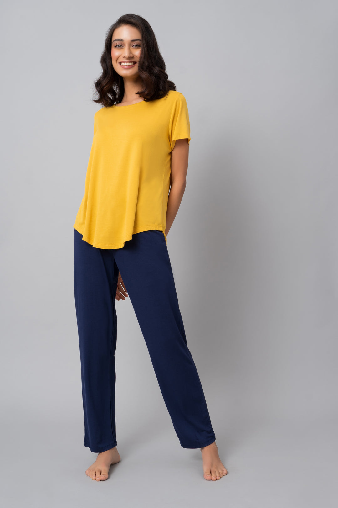 Indigo Straight Lounge Set model in yellow top and navy pants.