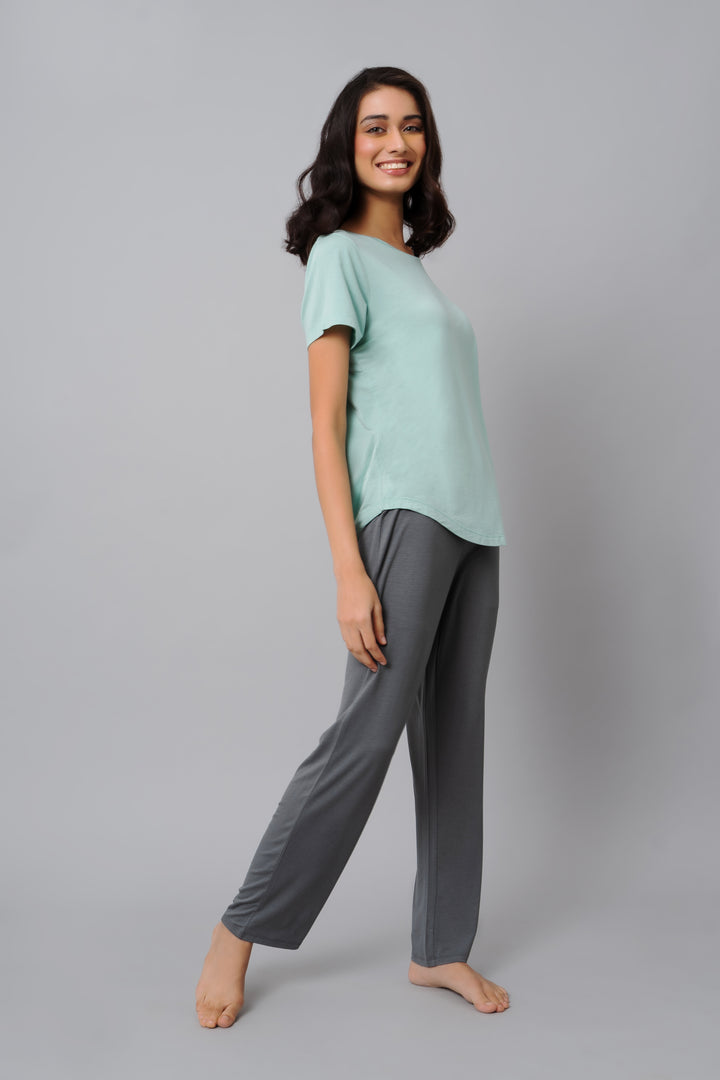 Model showcasing Grey Pearl Straight Lounge Pant with mint top.