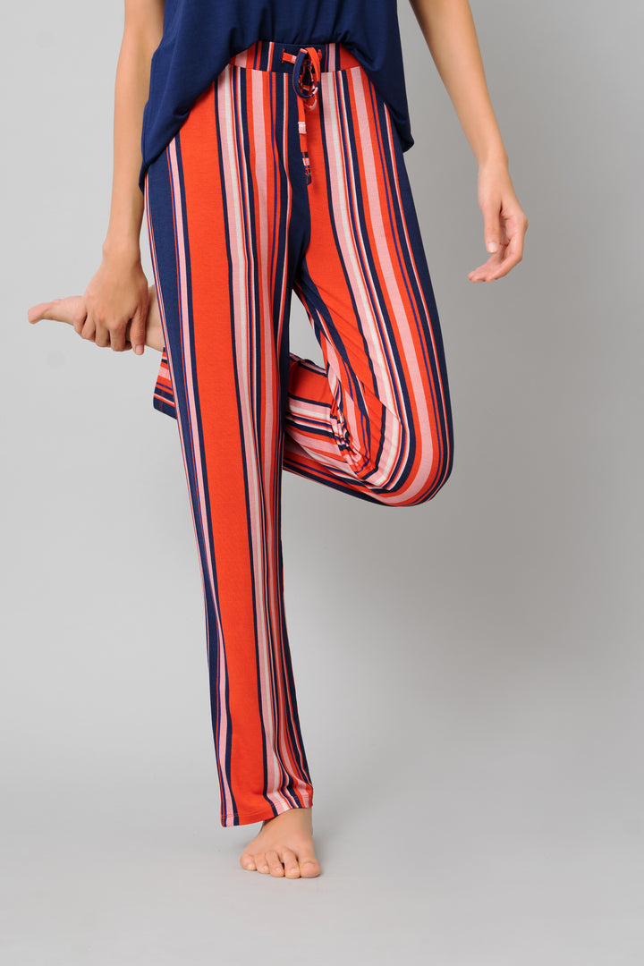 Classic stripe pajamas in vibrant red and navy colors.