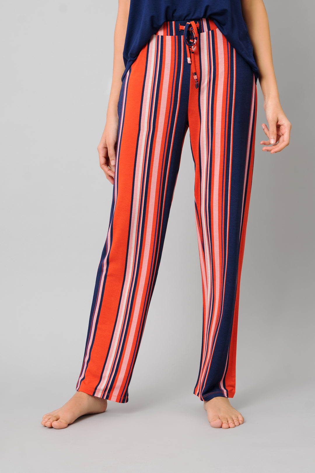 Classic Stripe Pajama Set featuring vibrant red and navy striped pants.