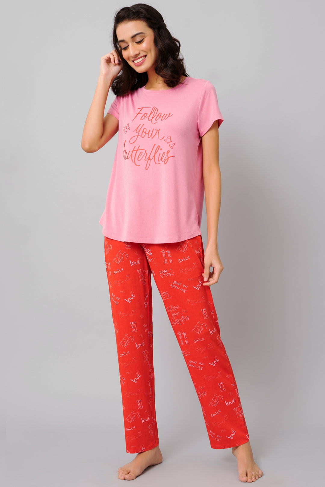 "Follow Your Butterflies Pajama Set in pink and red, stylish comfortable sleepwear."