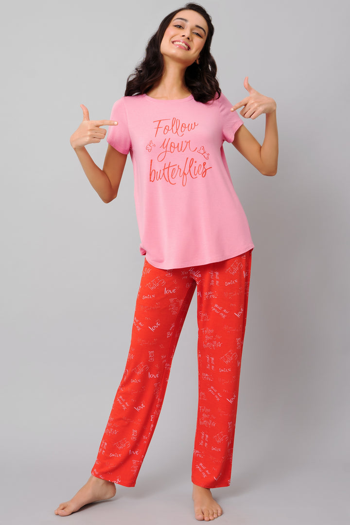 "Follow Your Butterflies Pajama Set in pink and red, perfect for cozy nights."