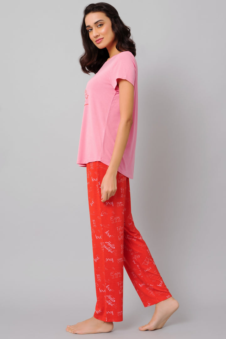 "Comfortable Follow Your Butterflies Pajama Set in pink and red"