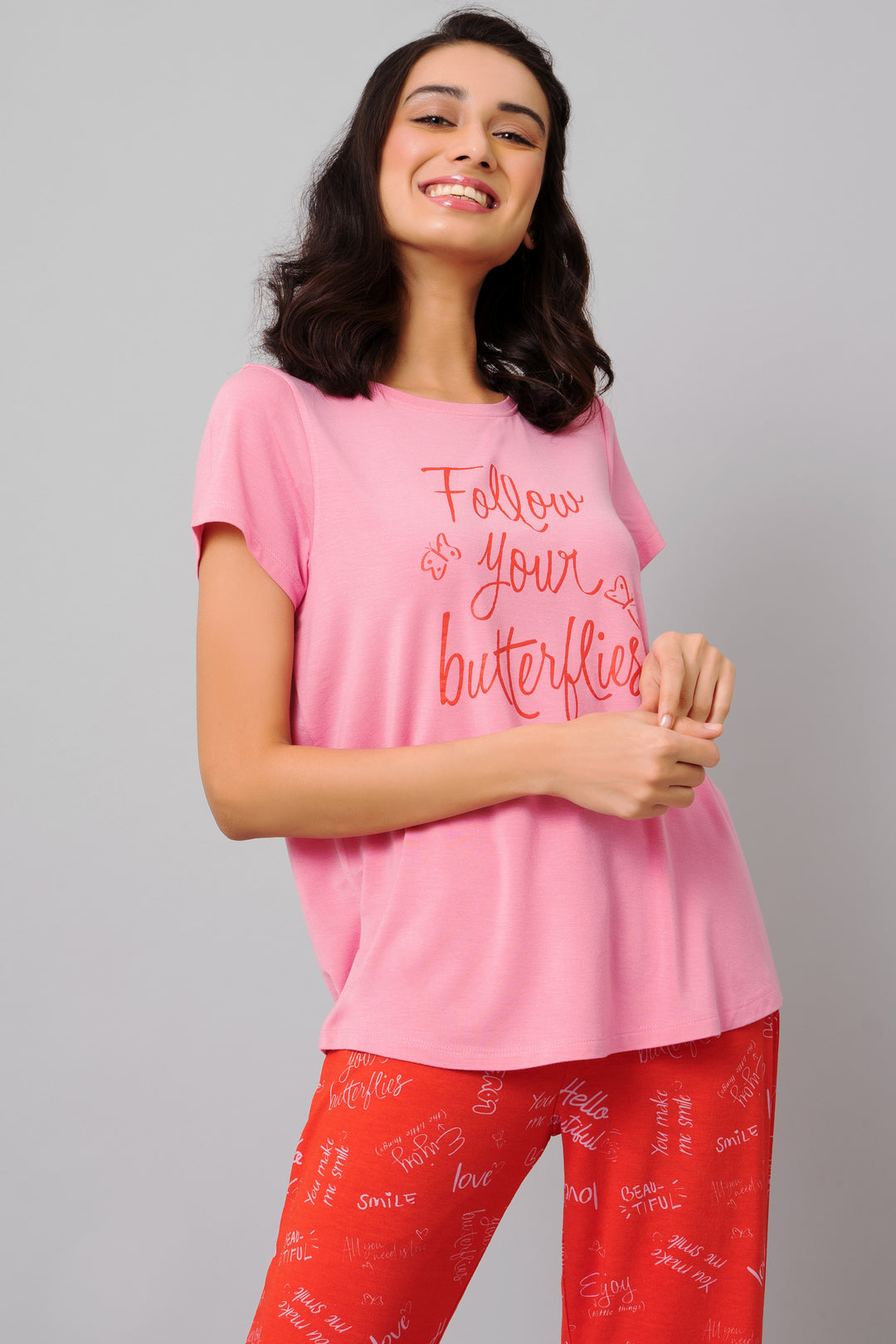 Follow Your Butterflies pink pajama set for comfort and style.