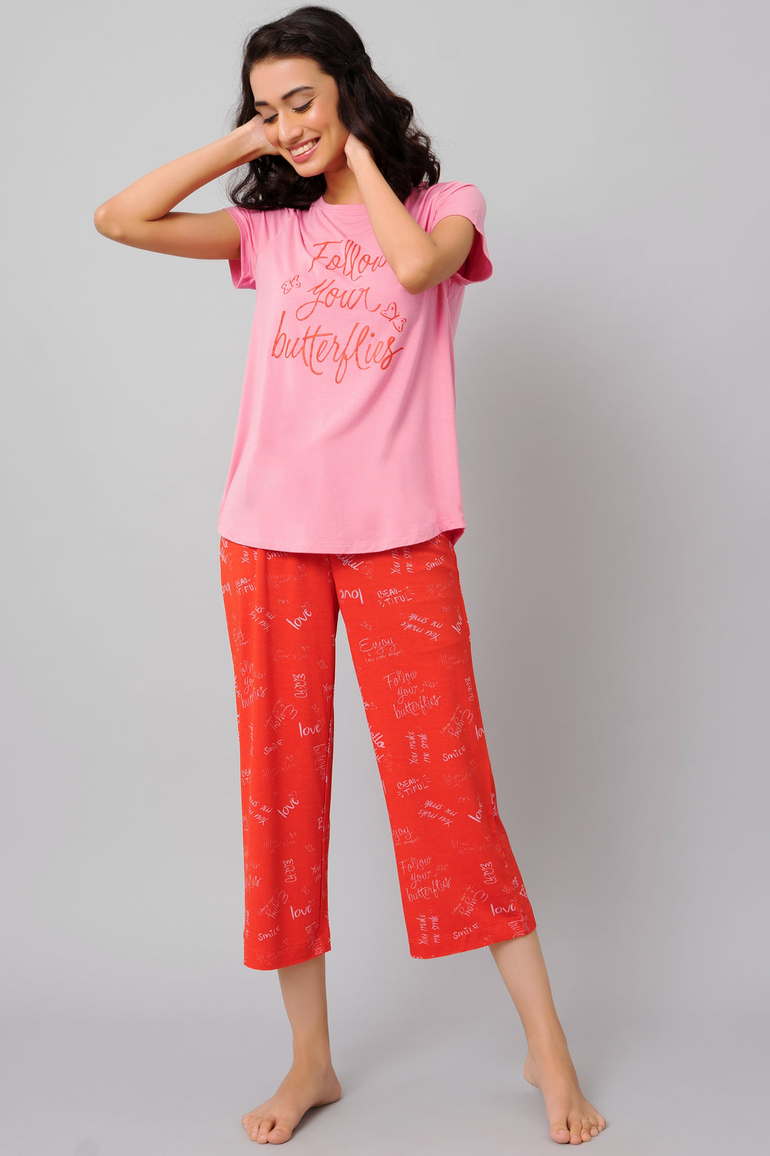 "Follow Your Butterflies Capri Set in pink and red, casual loungewear."