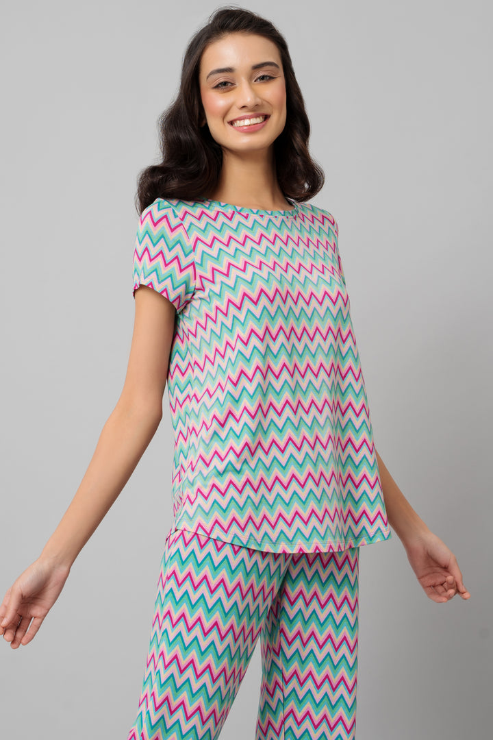 Candy Stripes Pajama Set in vibrant zigzag pattern for stylish comfort.