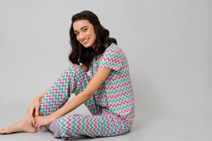 Candy Stripes Pajama Set featuring colorful zigzag pattern and relaxed fit.