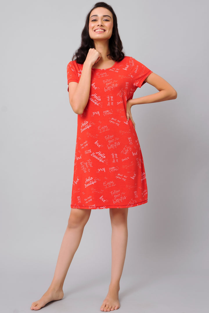 Bright red Love Escape short dress with playful text design.