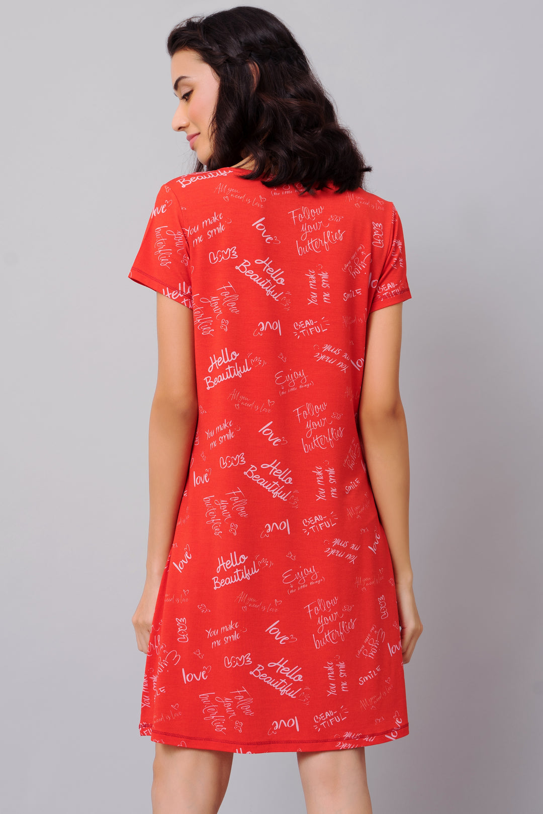 Red short dress with inspirational text patterns for women.