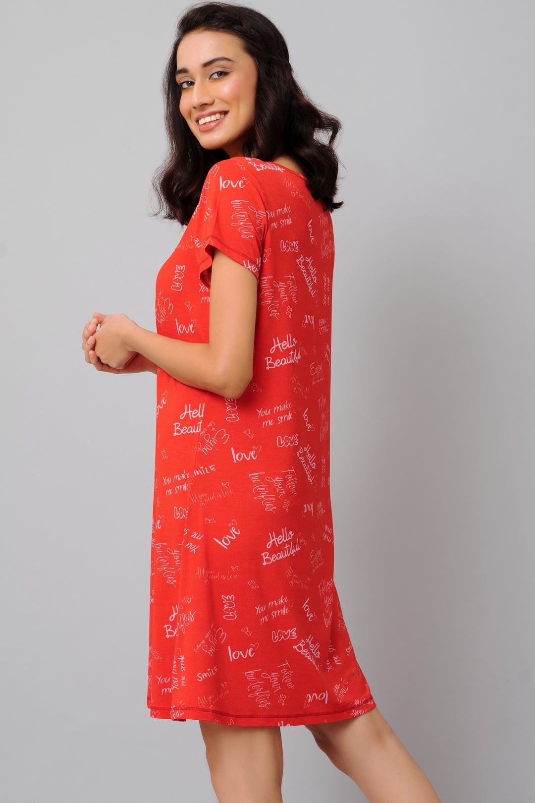 "Red Love Escape Short Dress with positive phrases, stylish casual wear."