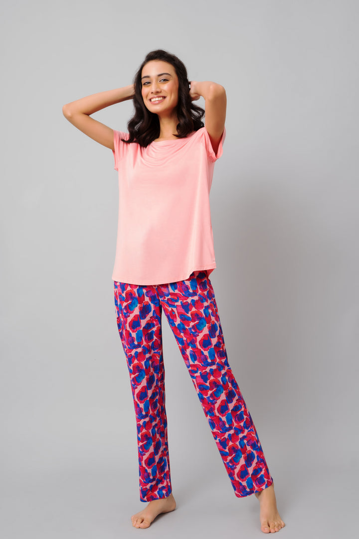 Artsy watercolor pajama set featuring vibrant patterns and comfy fit.