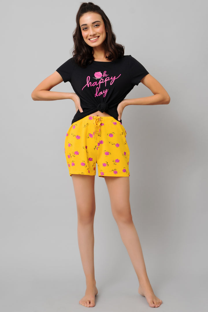 Oh Happy Day Shorts Set featuring a stylish t-shirt and yellow shorts.