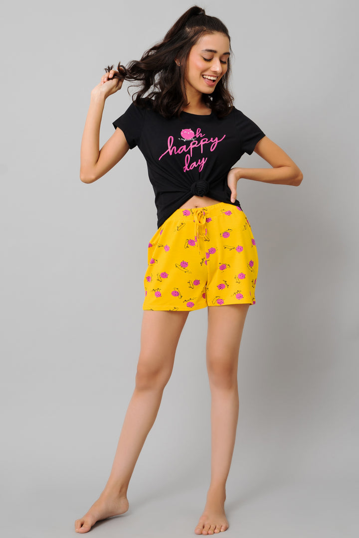 "Oh Happy Day Shorts Set worn by model, featuring cute graphic tee and shorts."