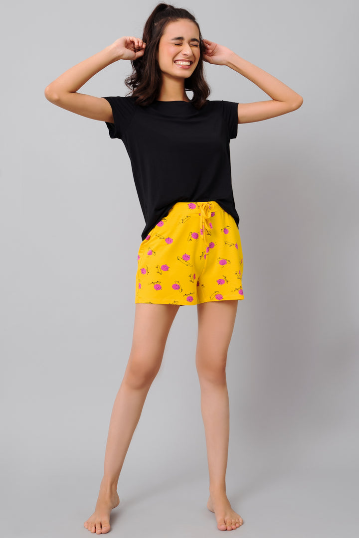 "Cheerful model wearing Oh Happy Day Shorts Set in vibrant colors."