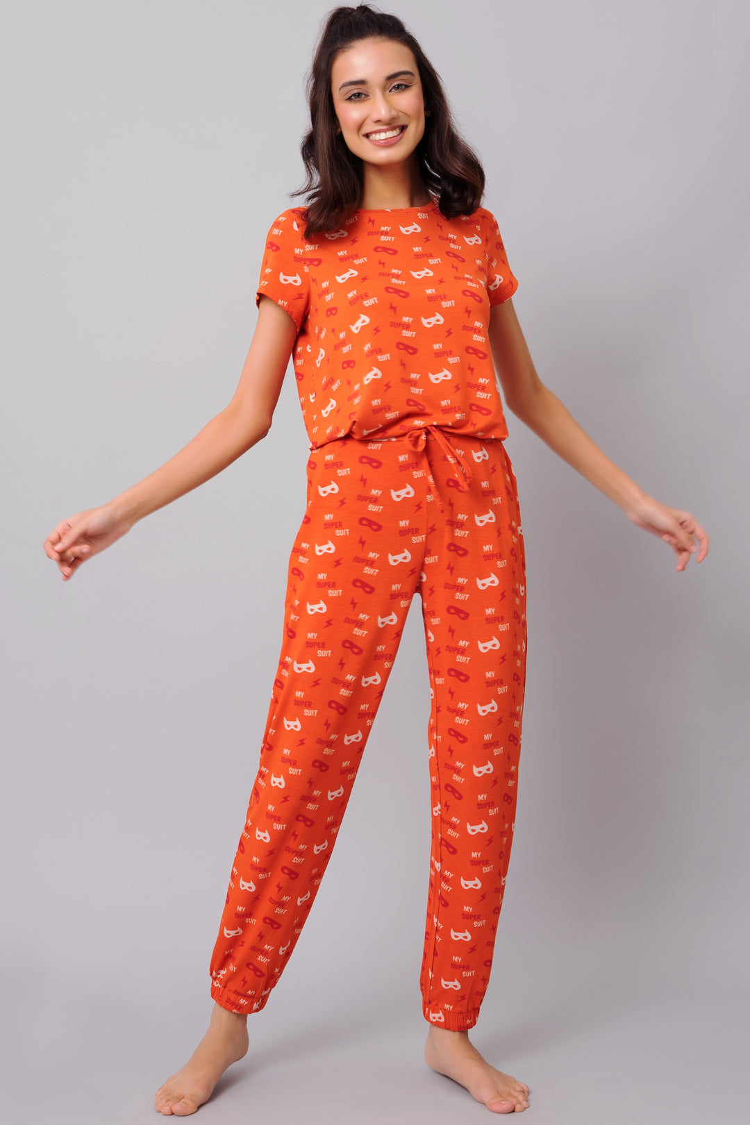 Stylish orange Super Suit Pajama Set for comfortable lounging.