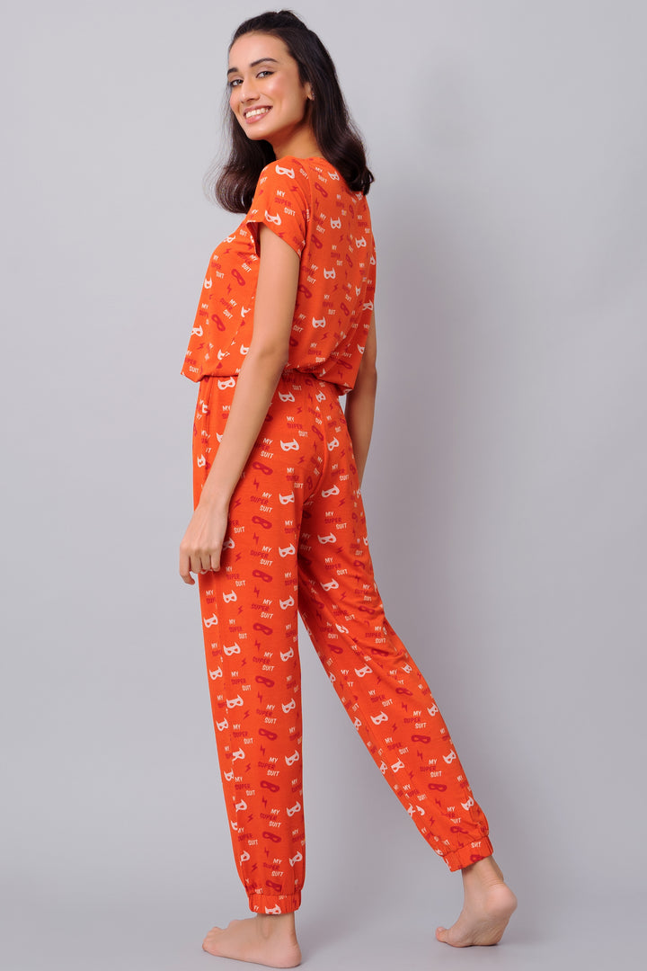 Bright orange Super Suit Pajama Set for playful lounging.