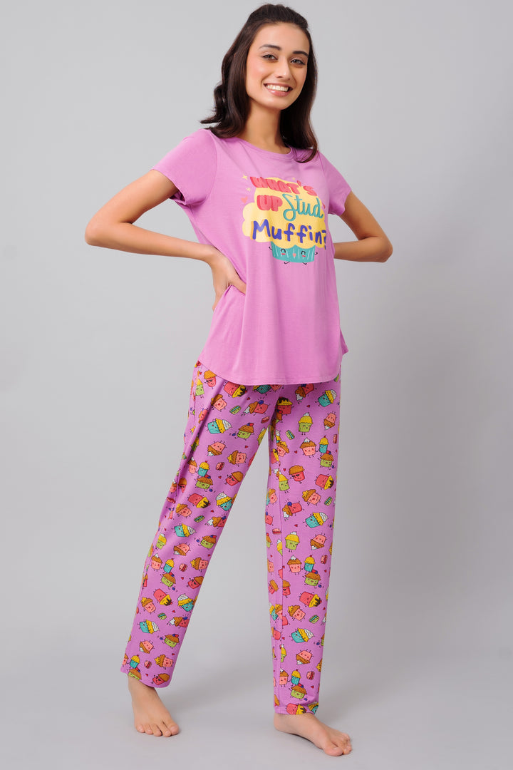 Stud Muffin Pajama Set featuring colorful cupcake print and relaxed fit.