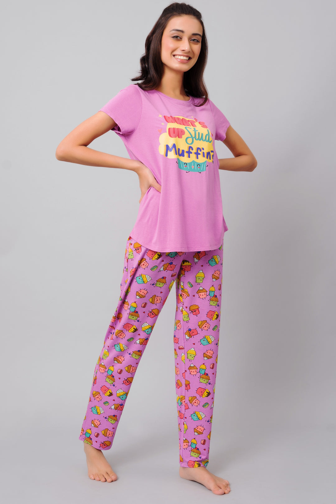 Colorful Stud Muffin Pajamas featuring fun cupcake graphics for women.