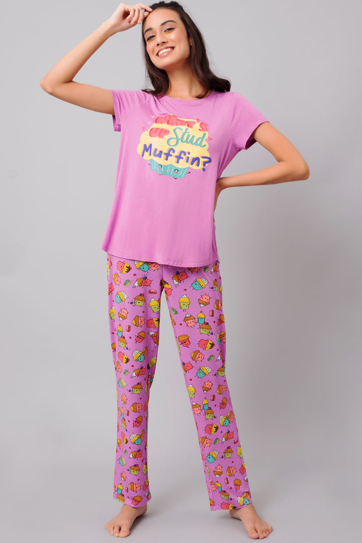 Colorful "Stud Muffin" pajama set featuring fun cupcake patterns.