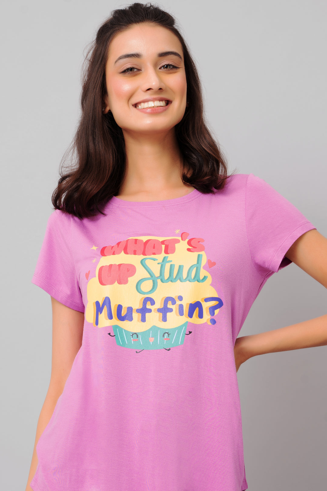 Stud Muffin Pajama Set in vibrant pink with colorful playful text design.