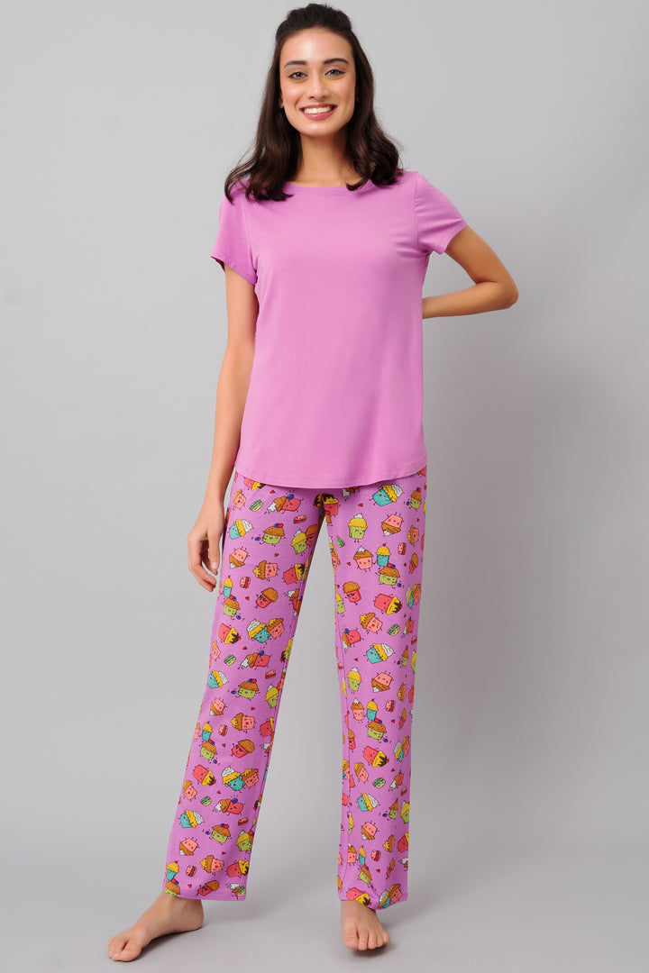 Mystic Purple Pajama Set featuring fun ice cream print and comfortable fit.