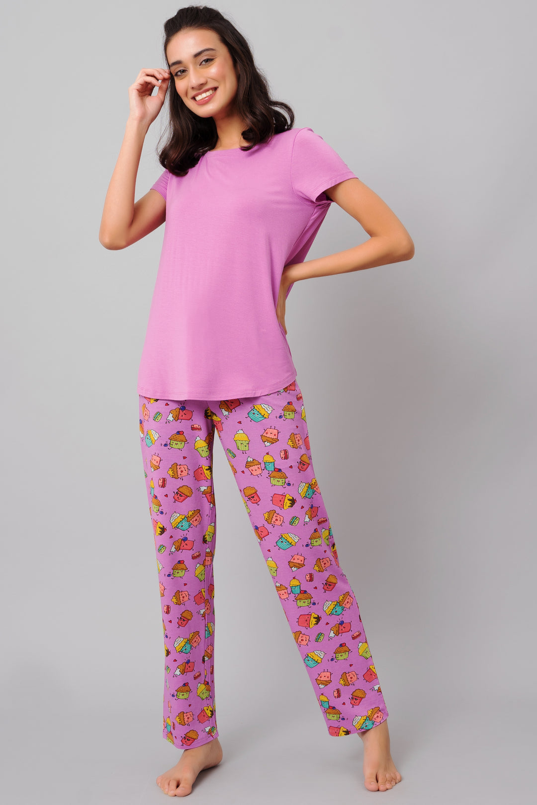 Mystic Purple Pajama Set with cute dessert prints and comfortable fit.