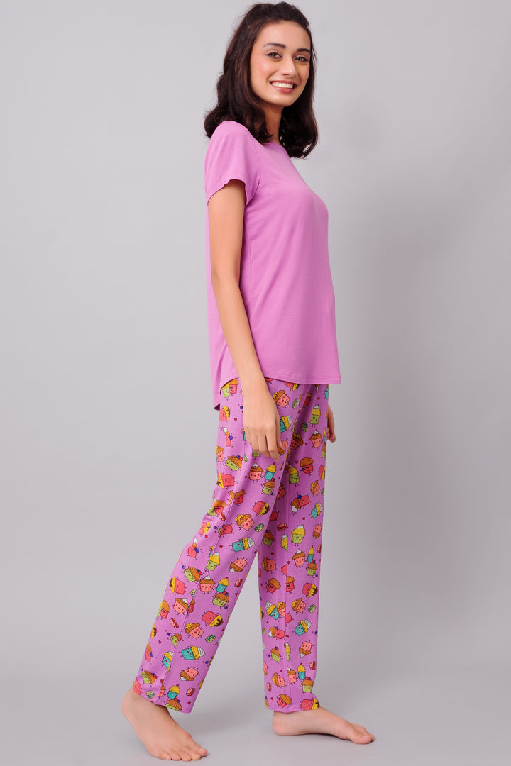 Mystic Purple Pajama Set featuring a cute colorful cupcake design.