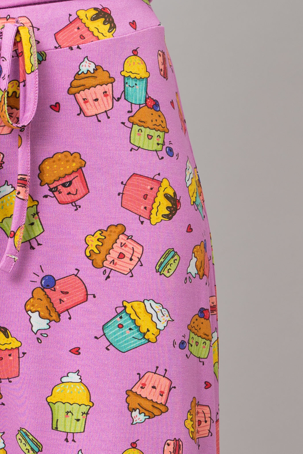 Colorful cupcake print on Mystic Purple Pajama Set.